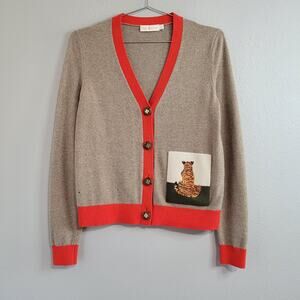 Tory Burch FLAWED Tiger Patch Cashmere Cardigan Sweater Size XS Brown, Red